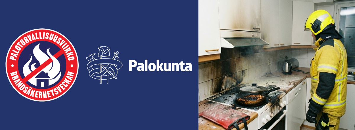 Paloturvallisuusviikon ja Palokuntaan logot. Kuva, jossa palokuntalainen seisoo kotikeitti&ouml;ss&auml; lieden &auml;&auml;ress&auml;, jossa sammutettu liesipalo.